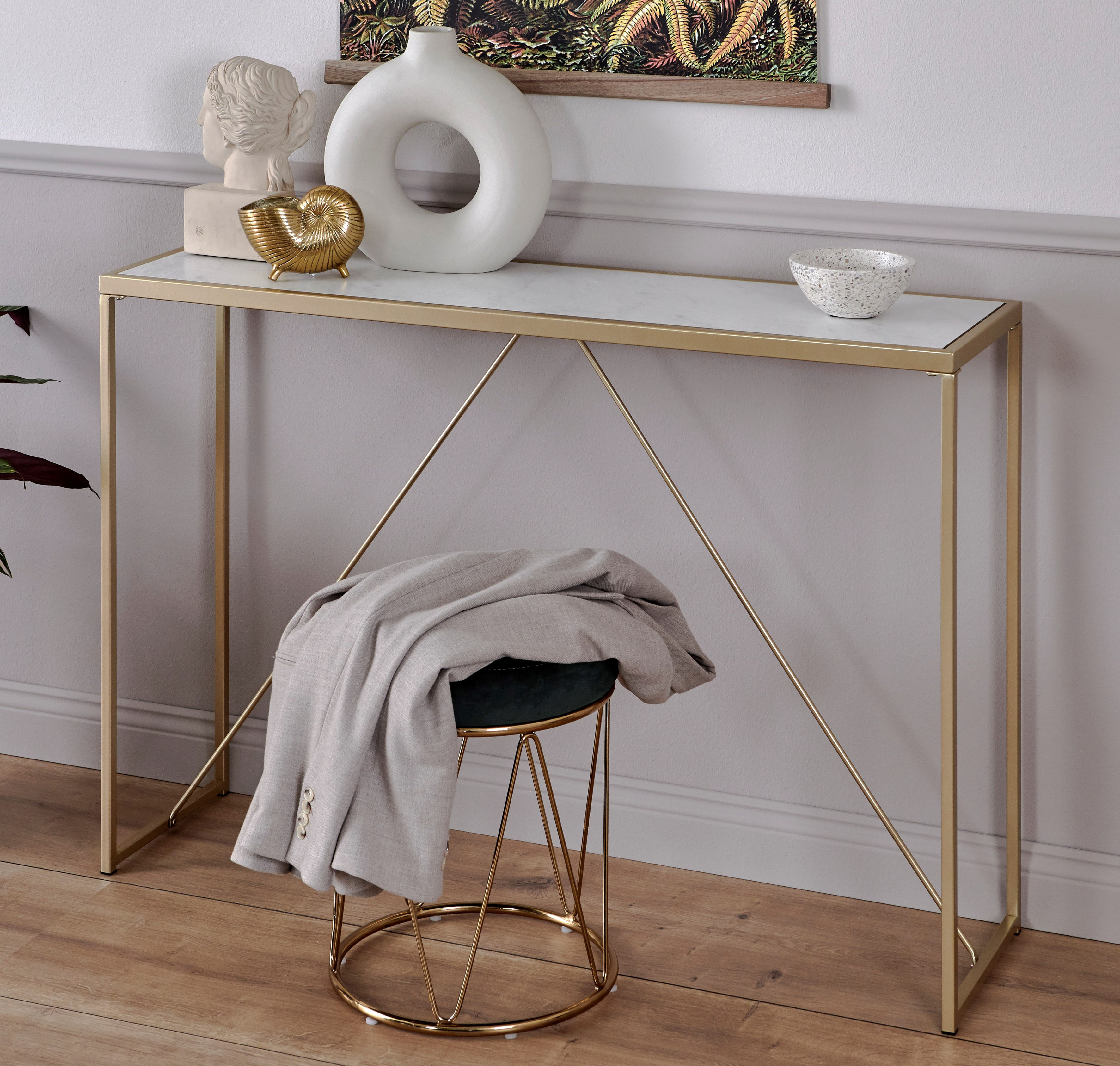 Konsolentisch JAHNKE "GLAM CONSOLE", bunt (gold, marmor weiß, goldoptik, marmoroptik), B:111,3cm H:76cm T:30cm, Tische, Konsolentisch, Breite ca. 111 cm, Beistelltisch gold, marmor weiß, goldoptik, marmoroptik B/H/T: 111,3cm x 76cm x 30cm