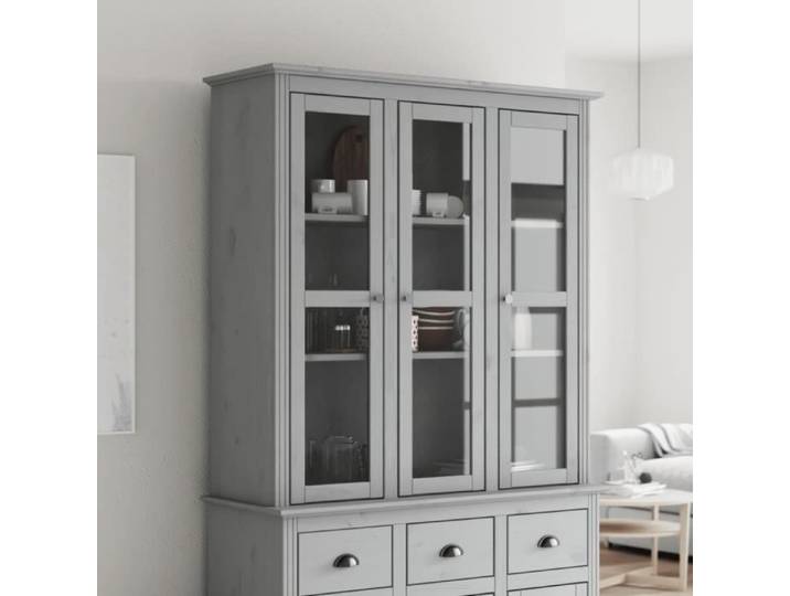 Armoire avec portes vitrées BODO gris bois de pin massif - The Living Store - Buffets & bahuts