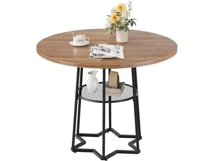 TABLE A MANGER SEULE-Table à Manger Ronde de 98cm –table ronde- Plateau Bois Robuste- Base hexagonale métal- Style Moderne brun