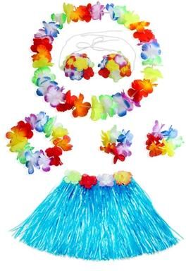 Useful Little Things Hawaiian Dance Child Skirt With Leis Costume 15.7 Inch Elastic Luau Grass Skirt Flower Bracelets Headband Necklace Set 6pcs Blue 15.7 In