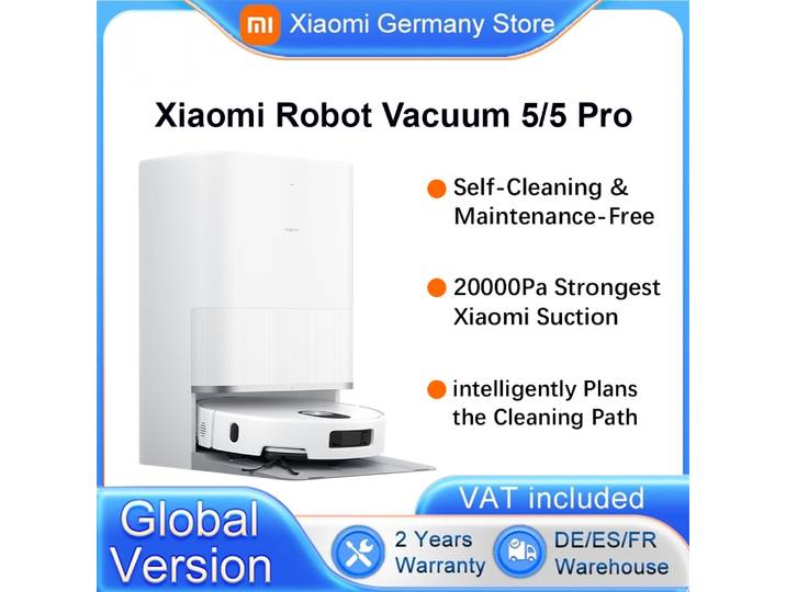 Aspirateur robot Xiaomi 5/5 Pro, version mondiale, contrôle vocal intelligent, aspiration Xiaomi la plus puissante de 20000 Pa, planification intelligente du trajet de nettoyage, élévation et