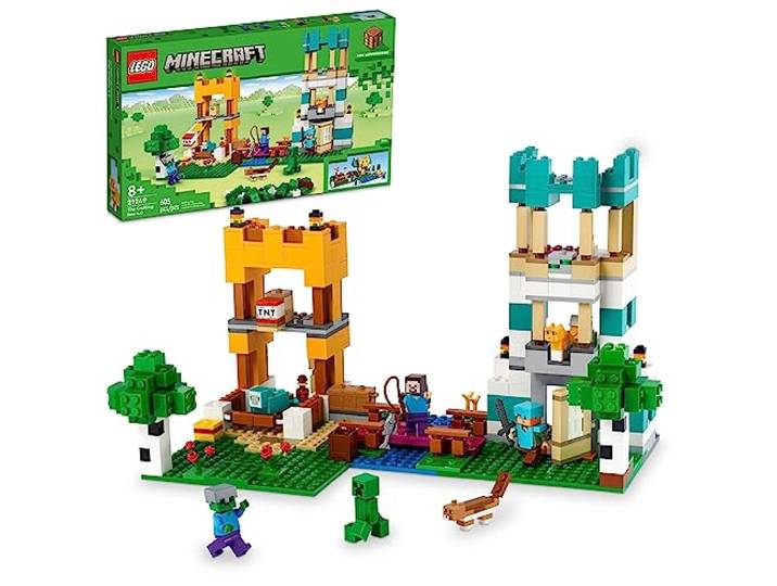 Lego 21249 Minecraft Die Baukasten 4.0, 2-in-1-Set; Bauen Sie Flusstürme oder eine Katzenhütte, mit den Figuren Alex, Steve, Creeper und Zombie Mobs, Spielzeug für Kinder