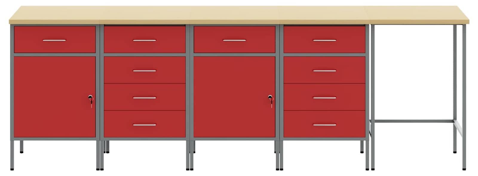 Werkzeugwagen mit Schubladen - Stahl und Holz - 255 cm Länge