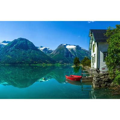 Fototapete PAPERMOON "Photo-Art CHRISTER OLSEN, HAUS AM GLETSCHERSEE", bunt, B:5m L:2,8m, Vlies, Tapeten