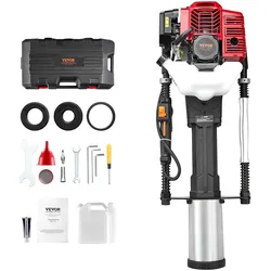 VEVOR 52ccm T-Pfostenramme mit Benzinantrieb, Zaunramme mit 2-Takt-Motor, tragbare 1400-W-Pfostenramme mit 3 Pfosten-Rammköpfen (49/69/100 mm), für Bauernhöfe, Ranchzäune, Straßenverbesserungen