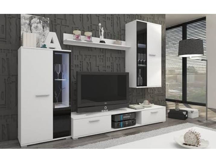 TOP Wohnwand Salsa Anbauwand Wohnkombi Wohnzimmer Weiss matt + schwarz