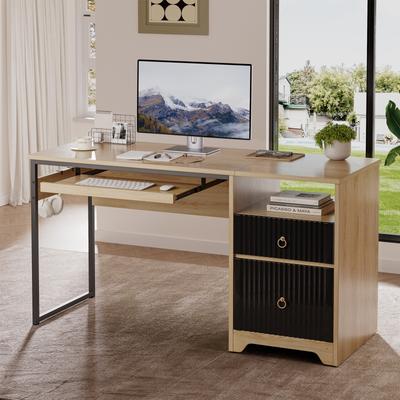 Bestier "55.1"" Reversible Computer Desk with File Drawers, Keyboard Tray, Storage Cabinet & Headphone Hooks"