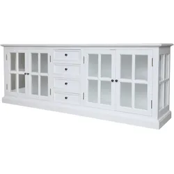 Chic Antique Landhaus Vitrinenschrank Marseille mit 4 Türen und 4 Schubladen, 220 x 45 x 80 cm, weiß