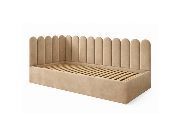Ravio Jugendbett Junior Beige Samtvelours mit Wandpaneelen - 80x200 cm - Bettkasten, L-Form, 80x200 cm, Babymöbel & Kindermöbel, Kinderzimmer & Jugendzimmer, Kinderbetten, Kinderbetten & Jugendbetten