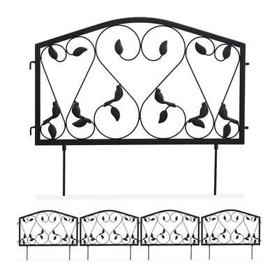 Relaxdays Beetzaun, 4-teilige Beetumrandung für Garten, Steckzaun Eisen, antik, Blätter Design, HxB 33 x 225 cm, schwarz