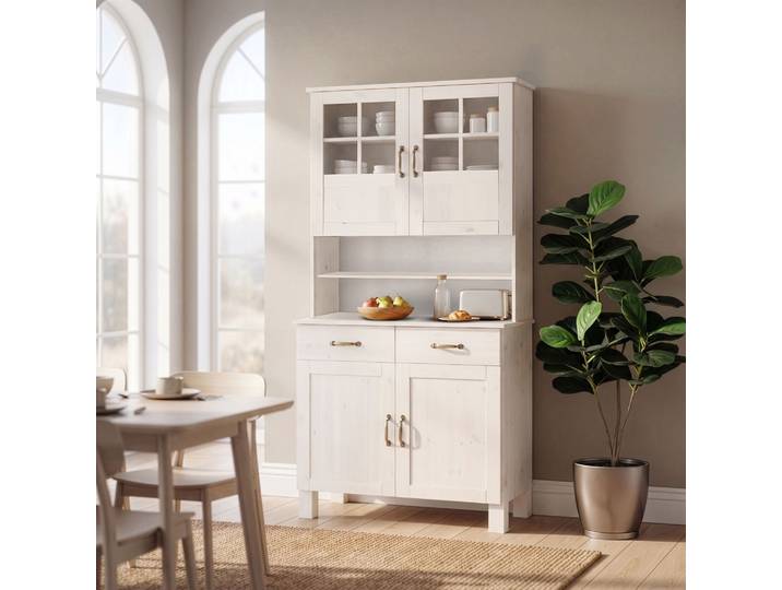 Küchenbuffet HOME AFFAIRE Alby , weiss (weiß), B:85cm H:185cm T:38cm, Massivholz, Schränke, Küchenbuffet, Breite 85 cm, 2 Glastüren