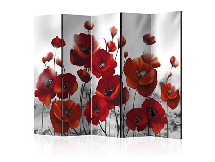 decomonkey Paravent Raumteiler Innen Mohnblumen, 225x172 cm, 5-teilig Beidseitig, Blumen, Wohnzimmer, Room Divider, Wall, Raumteiler Stehend, Trennwand, Sichtschutz, Spanische Wand, Holz
