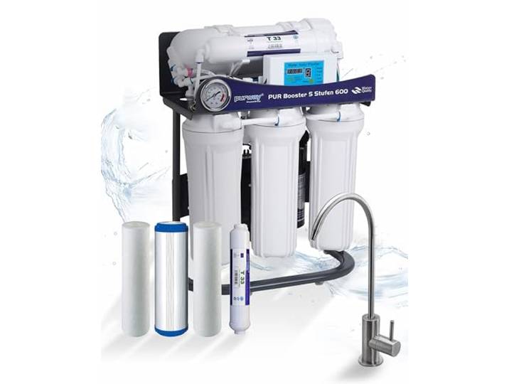 purway® PUR Booster 5 Stufen 600 GPD Direct flow inklusive Ersatzfilterset Umkehrosmoseanlage mit Trinkwasserfilter und Osmose Wasserfilter für reines und klares Trinkwasser + Aquarium Aquaristik