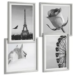BILDER SET 4er Set - 50x50 cm & 40x60 cm Silberner Rahmen - Rose Eiffelturm Pferd Riesenrad S/W