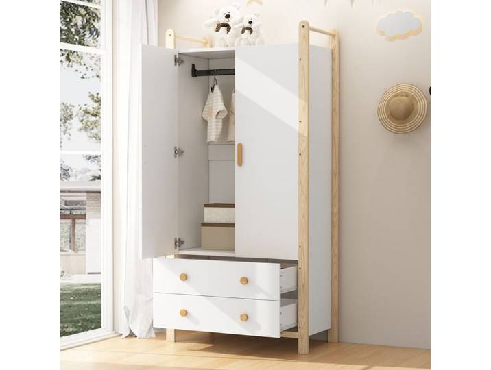 Armoire 2 portes 89 6x44x180 5 cm avec penderie et 2 tiroirs pour chambre ou entrée bois blanc et naturel