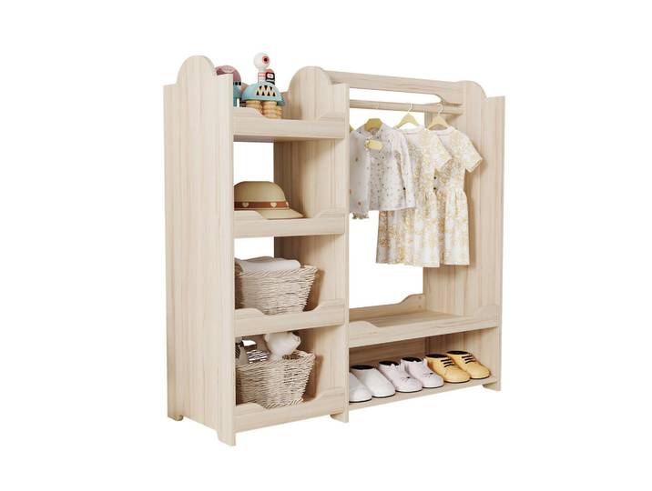 Flieks Kinder-Garderobe 110x39x110cm Naturholz mit Kleiderstange & 4 Regalen, Naturfarben, Holz, 39x110x110 cm, Babymöbel & Kindermöbel