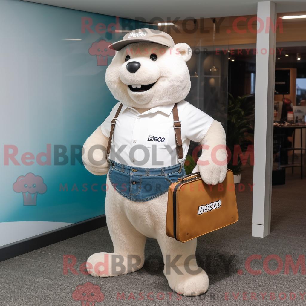 Maskottchen REDBROKOLY eines weißen Bibers mit Bootcut-Jeans und Aktentasche