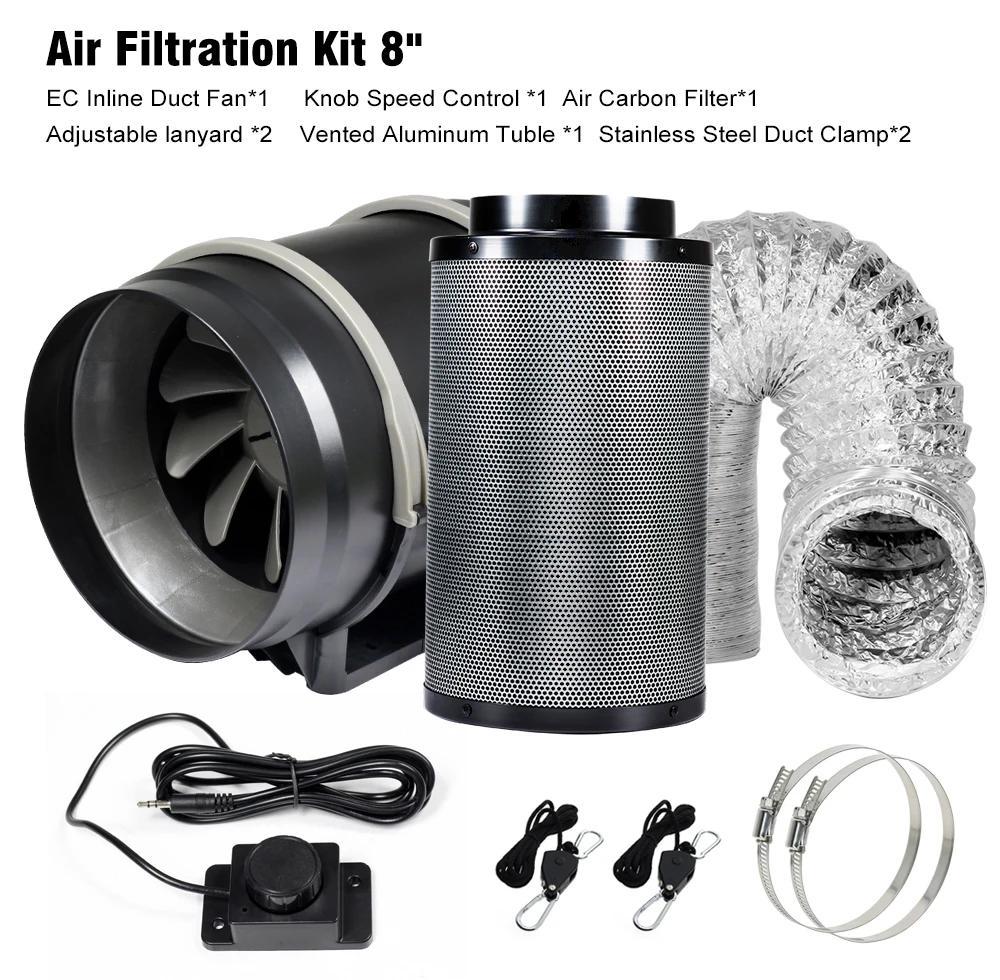 Luftfilter Set - 20 cm Growbox Belüftungsset - EC Rohrventilator - Aktivkohlefilter - Geruchskontrolle - Transparent