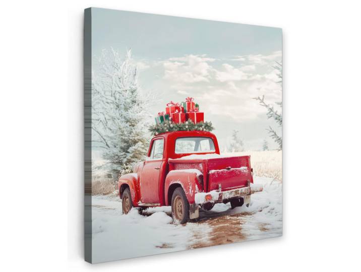MuchoWow Leinwandbild Auto - Rot - Geschenke - Winter - Schnee - Weihnachten Deko Groß 90x90 cm, Kiefer, Abstrakt, Quadratisch, 90x90 cm, gerahmt, Bilder & Rahmen, Bilder, Leinwandbilder
