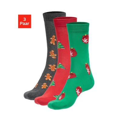 Socken JOHN DEVIN "Herrensocken Weihnachten", Herren, Gr. 43-46, bunt (1x rot, 1x grün, 1x anthrazit), Baumwolle, Elasthan, Polyamid, gemustert, normal, Socken Socken, mit unterschiedlichen Weihnachtsmotiven