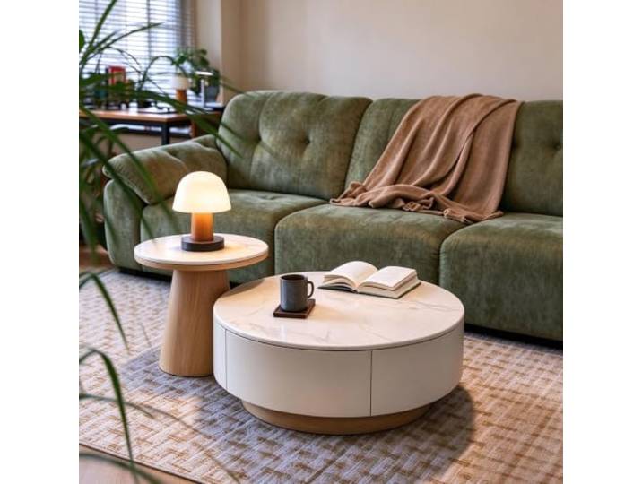 Runder Couchtisch Nesting‑Set, minimalistischer Holztisch mit Stauraum Nesting‑Couchtisch, Sinterstein‑Tischplatte, versteckte Aufbewahrungsschubladen(C,27.6x13.0+19.7x17.7in(1 Drawer))
