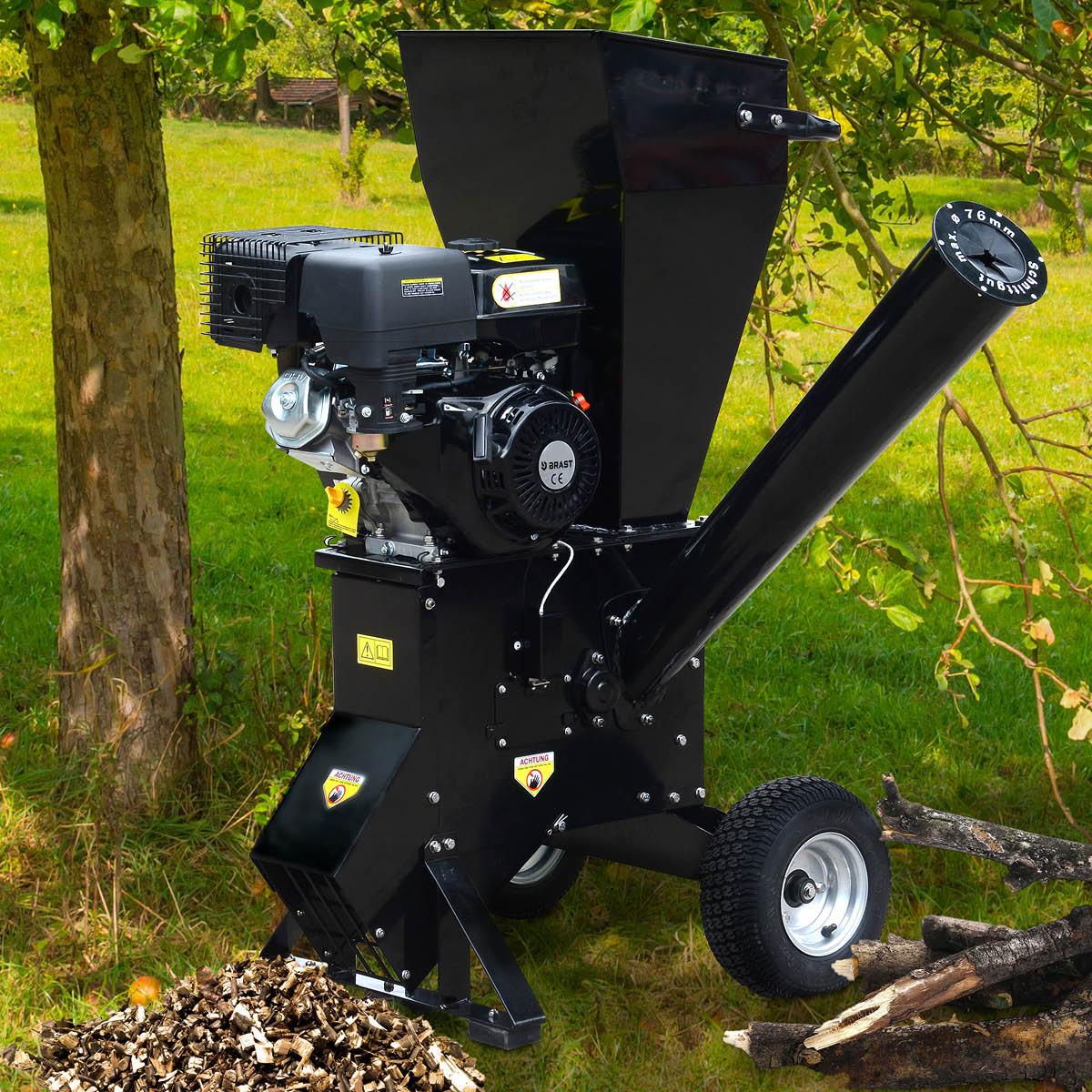 BRAST Häcksler Schredder Gartenhäcksler Benzin | 5,2kW(7PS) | Aststärke 76mm | 2 Messersysteme mit 22 Messer | Transportreifen & Griff