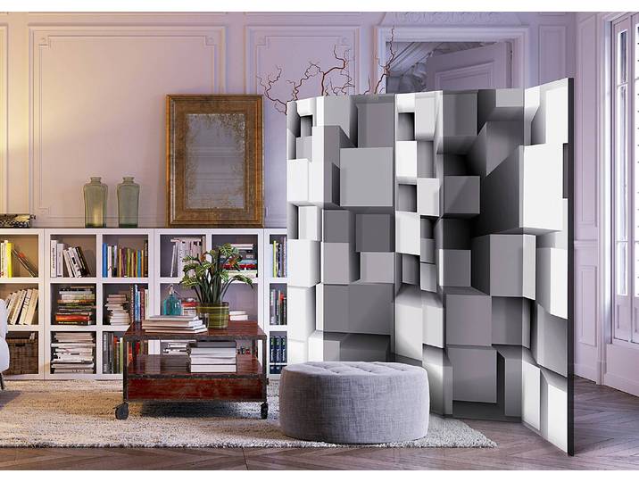 Paravent Geometric Puzzle Akustik Vlies auf Kiefer Massiv Grau 225 x 172 x 3cm