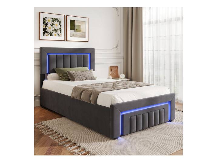 STILVORA Polsterbett 90×200 mit bettkasten,Funktionbett Boxspringbett mit LED & Schubladen (verstärkter Metallrahmen, stabiler Lattenrost, Gepolstertes Kopfteil, Bettkasten mit Hydraulik, Bettgestell mit Gepolstertes Kopfteil), mit einem Hebeseil, Samt-Stoff, Grau