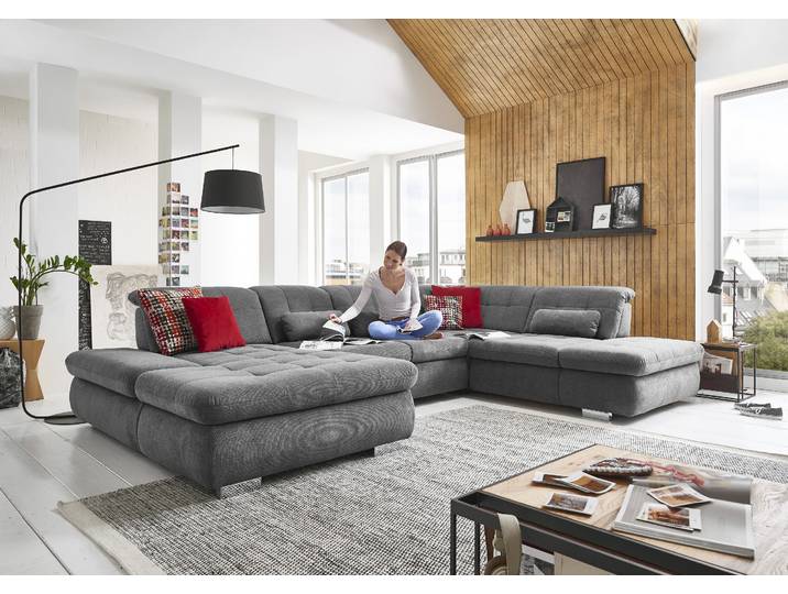 Ecksofa, 100% Polyester, Grau, 382×124 cm, U-Form, Federkern-Polsterung, Modern