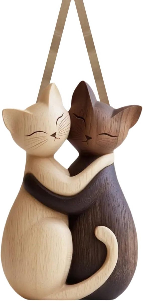 Katten sculptuur zwart wit houten dier voor woonkamer decoratie Breedte: 10 cm