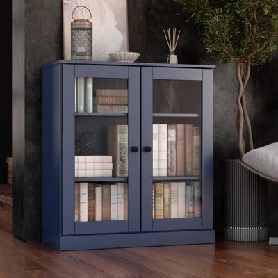 "Palace Imports Solid Wood Short Clear Glass 3-Shelf Bookcase, 32"" W"