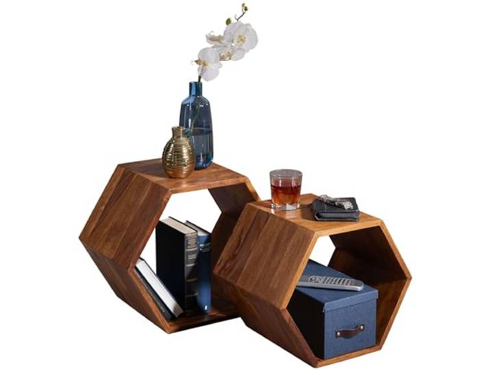 Wohnling Beistelltisch 2er Set Sheesham Massivholz Wabenform