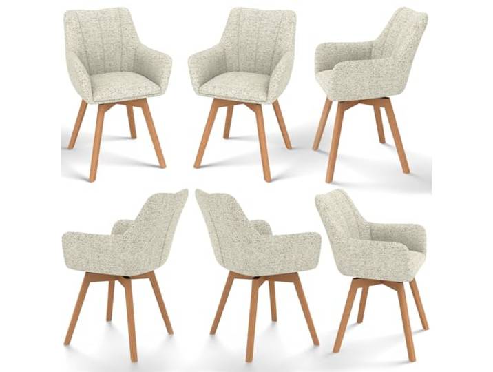 WAFTING Esszimmerstühle 6er Set Drehbar 360° mit Holzbeinen, Khaki Tweed-Stoff, Armlehnstuhl, Moderner Polsterstuhl, Drehstuhl, Esszimmerstuhl Drehbar, Wohnzimmer, Arbeitszimmer, Schlafzimmer