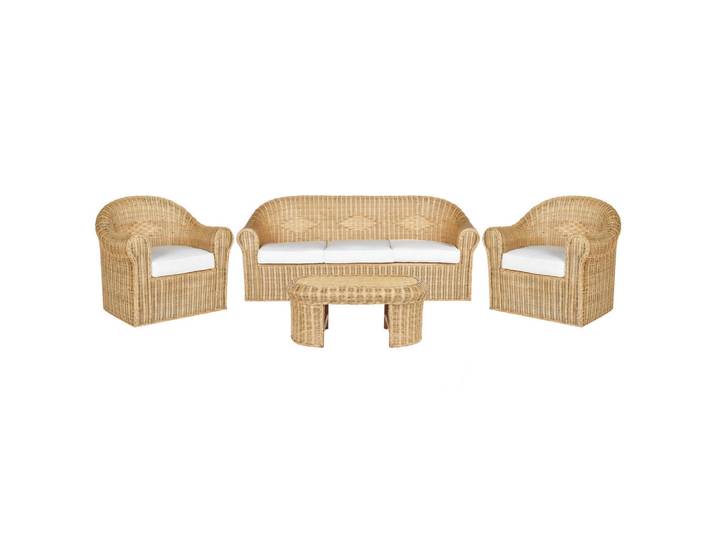 Beliani Lounge SET 5-Sitzer Rattan naturfarben Auflagen weiß Fracasti, Naturfarben, Naturmaterialen, zylindrisch, Gartenmöbel, Gartengarnituren, Gartenmöbel-Sets