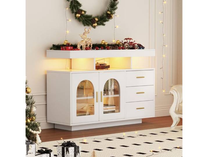 LPOSPI Buffet moderne tiroirs portes battantes led 16 couleurs rangement pour vaisselle et bouteilles blanc 120x40x80 cm