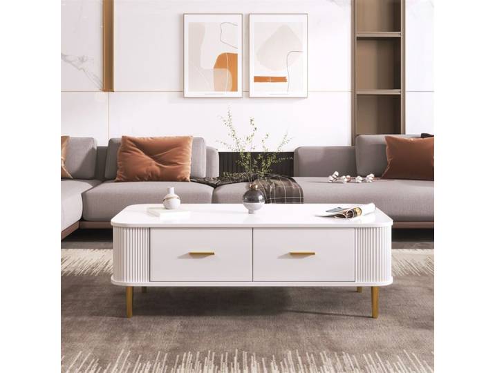 Table Basse Blanche Moderne avec 4 Tiroirs Table Basse de Salon avec Rangement Table Basse Design Pieds Dorés pour Salon MDF