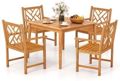 Costway 5-Pieces Patio Dining Table Set Wood Square Dining Table with 4 Chairs and Slatted Tabletop