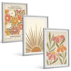 BILDER SET 3er Set - 40x60 cm Silberner Rahmen - Pastellfarbene Sonnenblumen