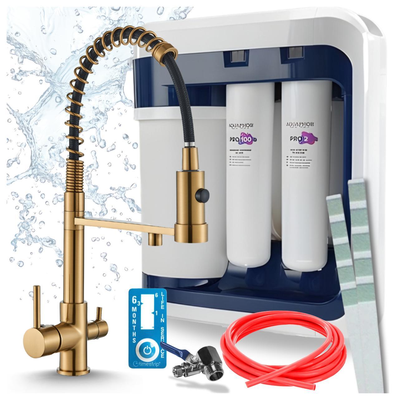 Ari 3-Wege-Küchenarmatur Solid Spring, Messing, Ausziehbare Spültischarmatur Im Set Mit Aquaphor Ro-202S Pro Wasserfiltersystem