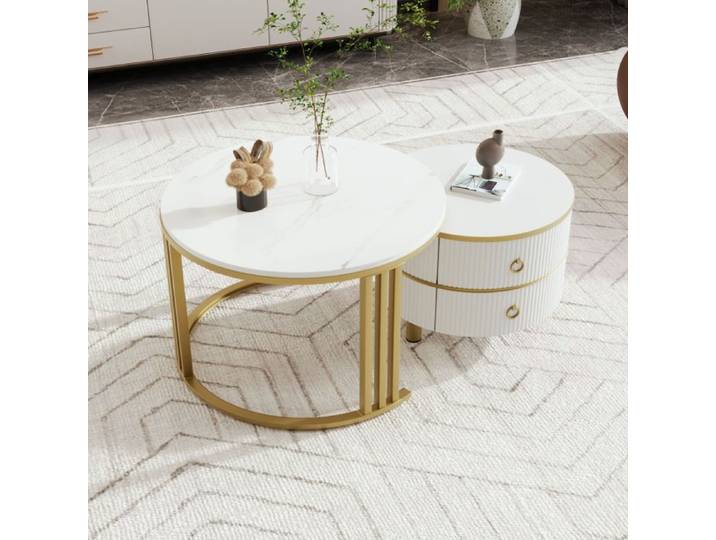 Ronde Table Basse Lot De 2 Table Gigogne Avec Rangement Tables Avec Tiroir Et Cadre Métallique Tables Basses Blanc