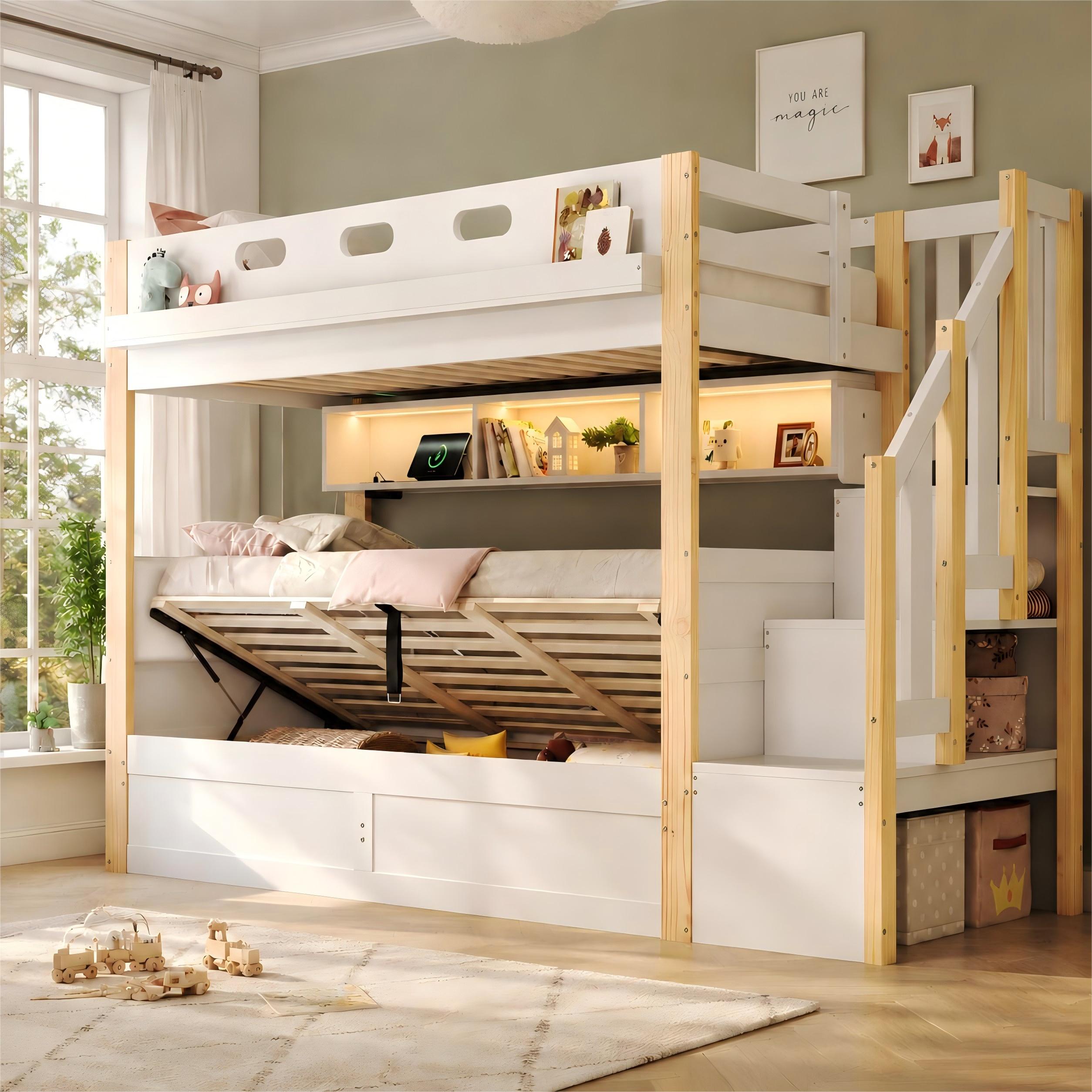Merax Etagenbett Kinderbett 90x200cm mit hydraulischem Unterbett, Massivholz Hochbett mit Stauraumtreppe, LED, USB, PolyurethanKopfteil, Weiß-Natur