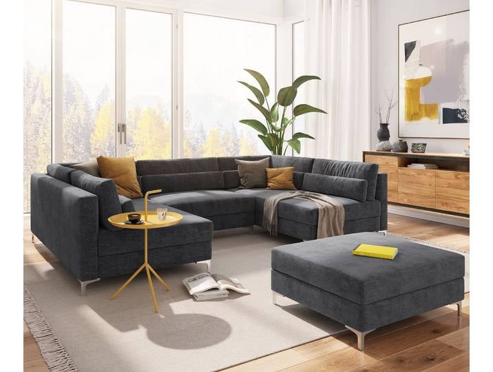 Canapé panoramique Elio 300x185 cm microfibre graphite avec pouf