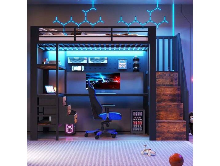 LIT MEZZANINE - YEHTOKHOME - Style e-sport - 90 x 200 cm - Métal noir - Bureau tiroirs & LED réglable