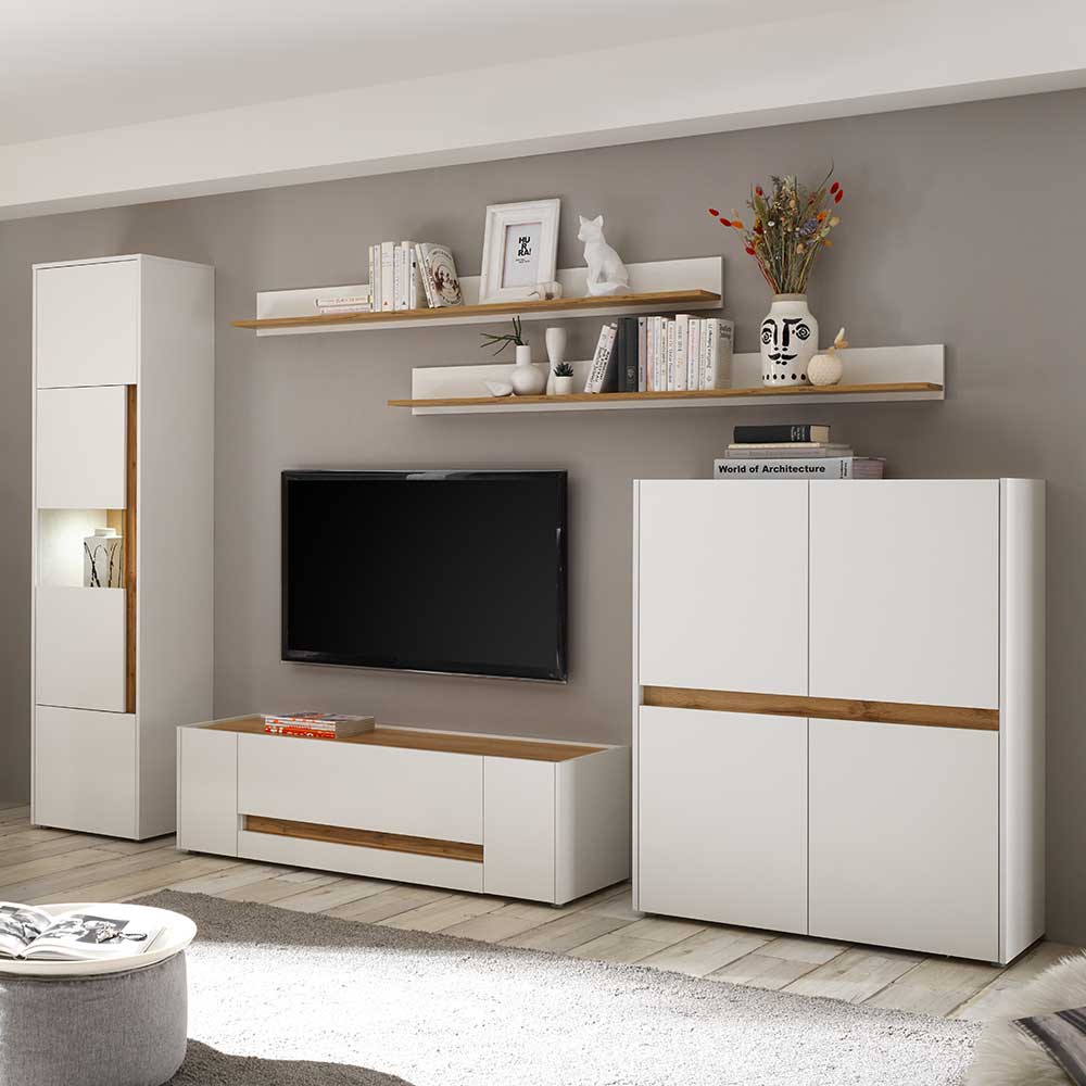 Pharao24.de Design Wohnwand in Weiß und Wildeichefarben 2 Regalen (fünfteilig)
