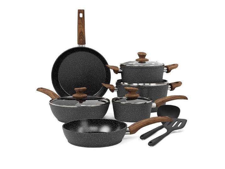Kitchen Academy Topf-Set, Aluminium, Granit (12-tlg, Pfanne 20cm/28cm, Bratpfanne mit Deckel 24cm, Stielkasserolle mit Deckel 17cm/20cm/24cm, 2 Silikonspatel), Induktion Töpfe Set 12-teilige Granit Kochtöpfe Set