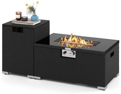 Costway 2-Piece Outdoor Rattan Fire Table Set 32 Inch Rectangle Gas Firepit with Tank Cover-Black