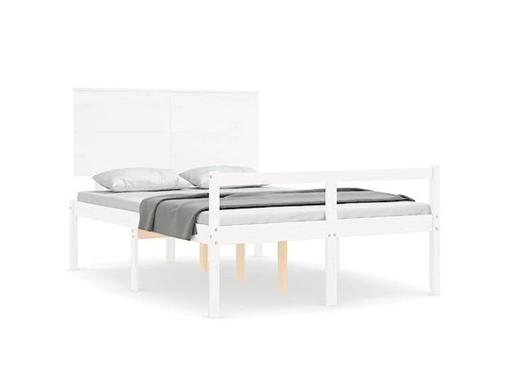 PUGYNBK Bett aus Kiefernholz, Senioren, weißes Kopfteil Sitzhöhe 45 cm, Aufbewahrung unten, Sperrholzleisten, Unterstützung des Rückens