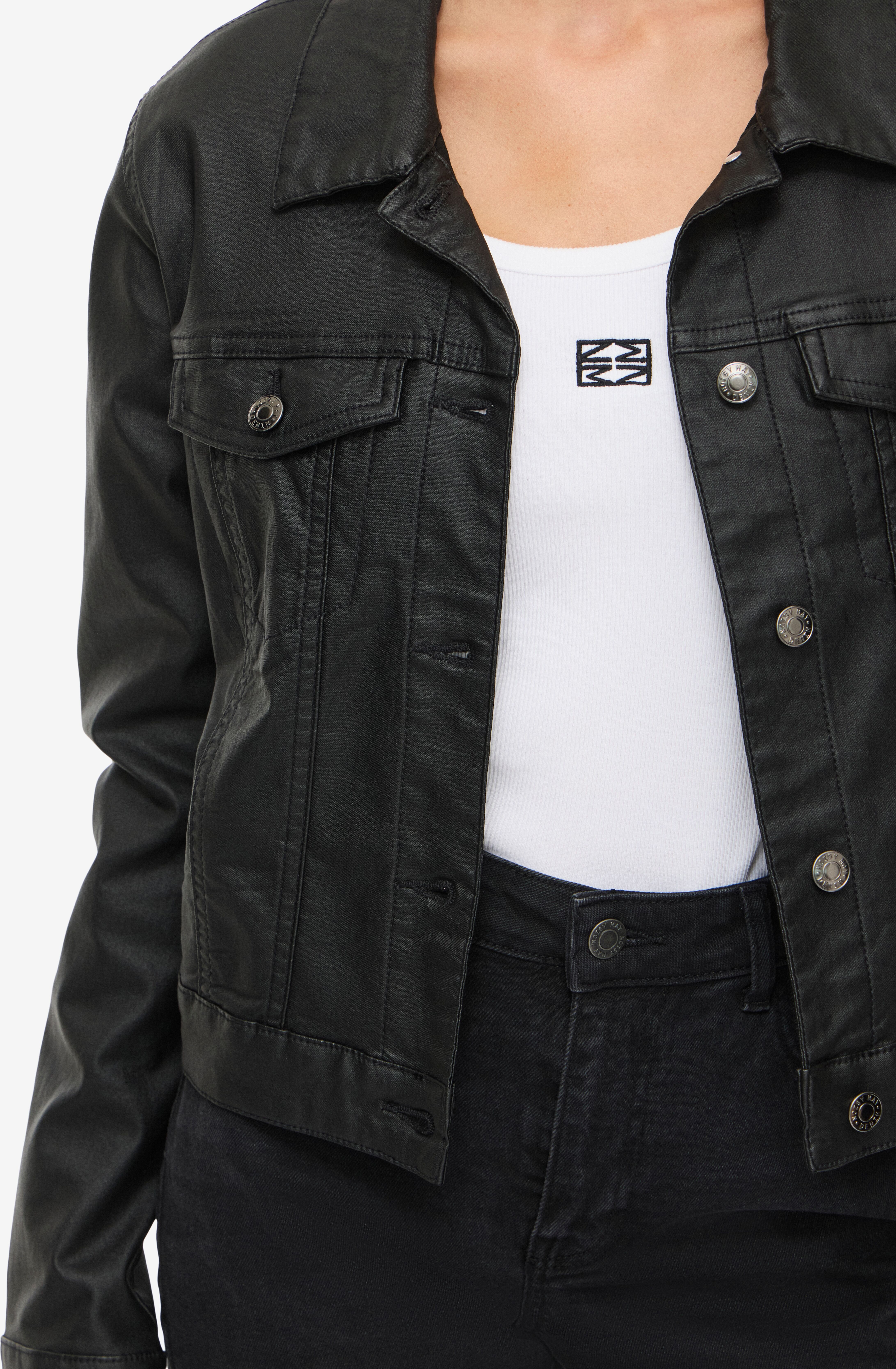 Lederimitatjacke NOISY MAY "NMCOATED DEBRA LS JACKET NOOS", Damen, Gr. S, schwarz, Web, Obermaterial: 77% Viskose, 20% Nylon, 3% Elasthan, unifarben, normal, Jacken Lederimitatjacke, Lederimitat schwarz S