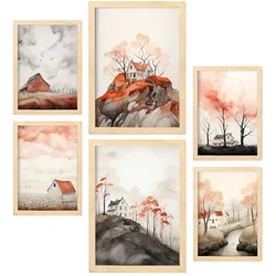 POSTER Set Mit 6 Orange Stadt A3 & A4 Rahmen Aus Hellem Holz