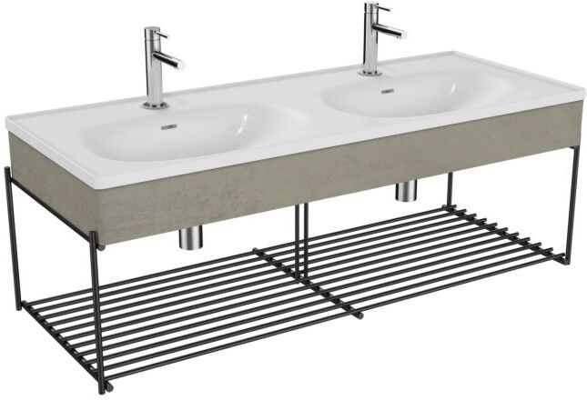 Vitra Equal Doppelmöbelwaschtisch-Set 66045 132,5x52cm, mit Möbelwaschtisch asymmetrisch, weiß, Ablage, mit Holzblende Beton